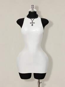 SHEIN ICON 2026 New Arrive Women's Y2k White Solid Color Backless Sleeveless Bodycon Mini Dress,Spring/Summer Open Back ,Summer - White - View 7