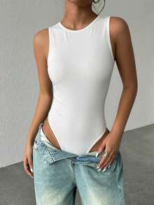 Boddy elegante cuello Redondo de Licra. - Blanco - Ver 6