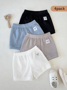 SHEIN 4pcs/Set Baby Boy Toddler Solid Color Elastic Knit Shorts With Cute Embroidered Patches, Suitable For Daily Wear And Outings - Multicolor - View 10