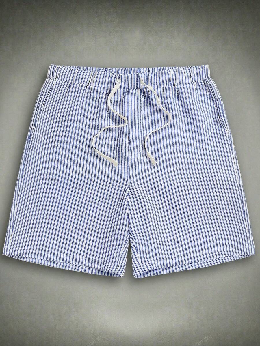 HIMLAND Men's Striped Woven Drawstring Waist Casual Shorts With Slant Pockets Mens Summer Short Mens Swing Trunks Mens Swim Trunk Bathing Suit Blue And White Swim Trunks Mens Striped Shorts - Blue - View 1