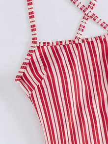 Swim SPRTY 1pc Striped Print Tie-Front Design Sporty Women One-Piece Swimsuit - Red - View 3