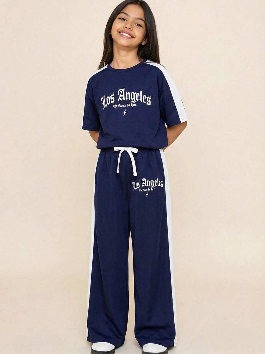 青少年女孩寬鬆休閒極簡舒適圓領套頭拼色T恤與長褲套裝 - 藏蓝色 - 查看 1