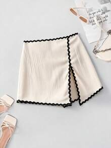 EMERY ROSE Women's Elegant Cream Textured Contrast Trim Regular Waist High Slit Shorts Skirt, Spring/Summer - Apricot - View 1