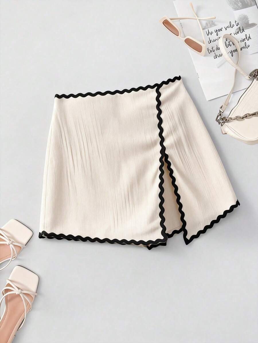 EMERY ROSE Women's Elegant Cream Textured Contrast Trim Regular Waist High Slit Shorts Skirt, Spring/Summer - Apricot - View 1