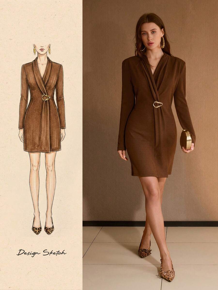 MOTF PREMIUM AUTUMN/WINTER FASHION SOFT V-NECK RUCHED BODYCON MINI KNIT DRESS FOR WOMEN - Coffee Brown - View 1