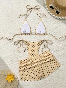 Bonvoyette 夏季新款海滩度假派对下午茶波点印花微三角侧系带褶皱三件套女士泳衣套装 - 彩色 - 查看 3