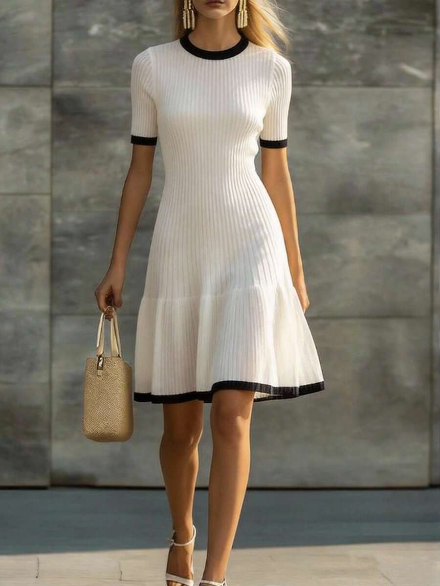 Ellegaria. New Elegant Lady-Like Fitted Knit Sweater Dress, Sophisticated Design, Graceful Quality, Suitable For Spring & Autumn White And Black Dress Classy White Dress Chic Dress Dress With Belt Fashion Clothes - Black and White - View 1