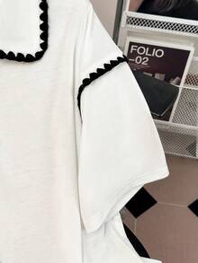 GlowEve Women's Floral Trim Polo Collar Short Sleeve Casual Versatile T-Shirt - White - View 7