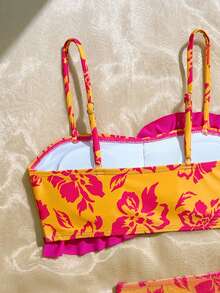 3pcs/Set Tropical Print Ruffled Tween Girl Swimwear Set - Multicolor - View 7