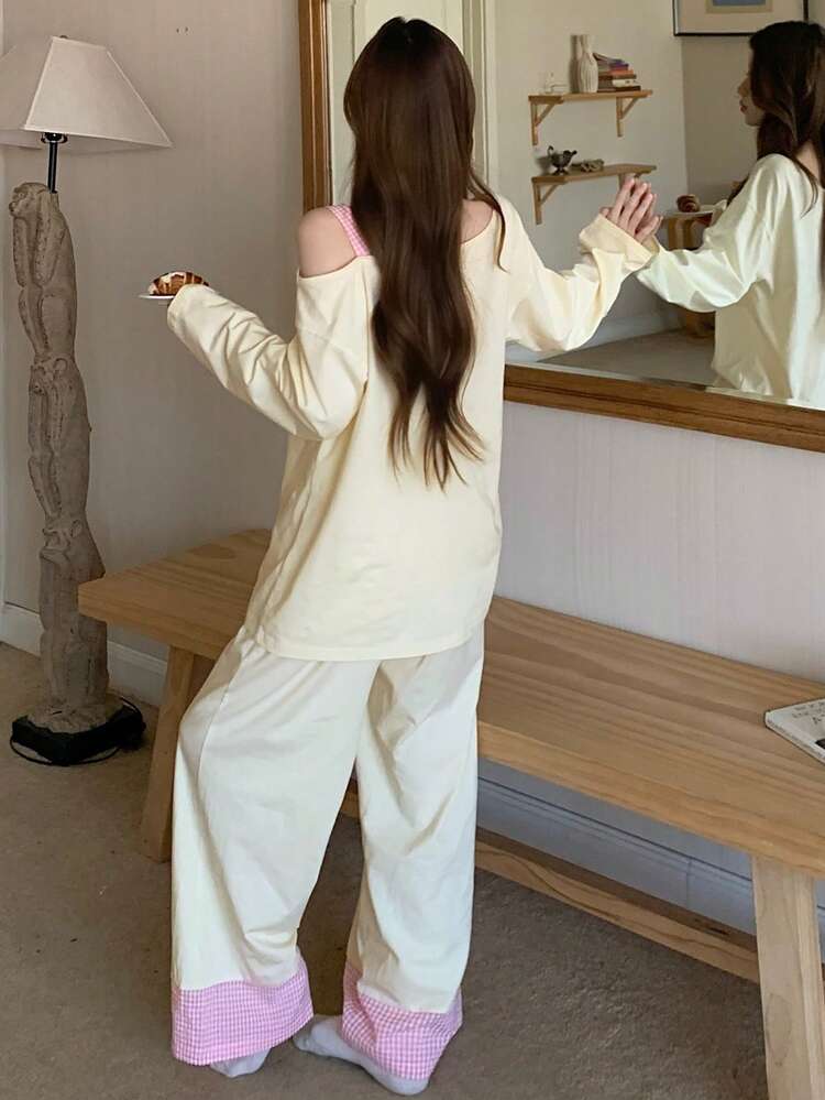 Cute 3D Ruffle Bow Decor Oblique Shoulder Women Pajama Set