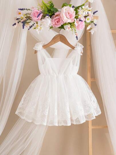 SHEIN Elegant & Cute Princess Dress, White Mesh Floral Embroidery Dress For Babygirl White Lace Baby Dress Elegant Baby Dress Toddler White Dress Lace Toddler Dress Baby Girl White Dress