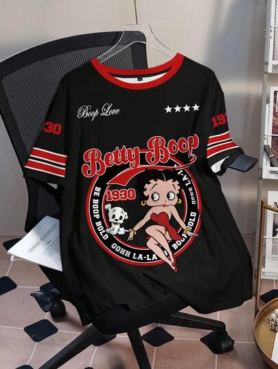 Betty Boop x SHEIN Plus Size Women's Casual Fashionable Street Chic Daily Commute Cartoon Letter & Number Print Striped Contrast Color Short Sleeve T-Shirt