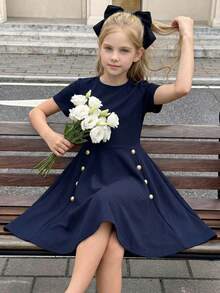 Tween Girls' Elegant Commuter Round Neck Button Waist Short Sleeve Knit Dress, Spring/Summer - Blue - View 8