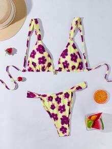 Swim Mod Women's Pink Floral Print Bikini Two Pieces Swimwear, Beach Vacation - Multicolor - View 3