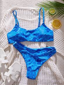 Swim Mod Conjunto de bikini de 2 piezas con tirantes finos y espalda descubierta, con estampado, de estilo de vacaciones en la playa de moda para primavera/verano 2026 para mujeres - Azul - Ver 3