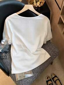 GlowEve CURVE Plus Size Women Lace Patchwork V-Neck Short Sleeve T-Shirt, Casual Commuter Everyday Versatile Top, Summer - White - View 2