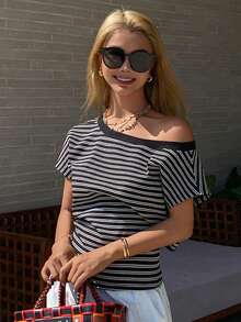 Livesso Women's Striped Asymmetric-Shoulder Short Sleeve Casual Versatile T-Shirt - Black and White - View 6