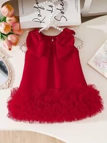 SHEIN Vestido elegante sin mangas con cuello redondo y decoración de lazo, unicolor, para niñas, verano - Rojo - Ver 3