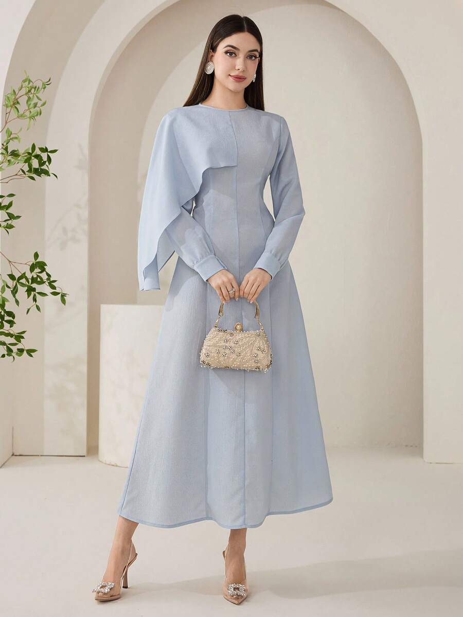 Veilorie Women's Elegant Solid Color Asymmetrical Cape Sleeve Waist Cinched Arabic Style Dress, Suitable For Spring And Autumn