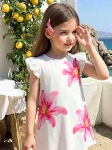 1pc 6 Months - 2-3 Years Old Girls, Sweet Girly Style Bowknot & Heart Print + Flutter Sleeve Design Dress, Lightweight Fabric, Cute Princess Dress, Summer Casual Wear - Multicolor - View 4