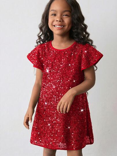 Maija Kids Maija Kids Young Girl Round Neck Sequin Ruffle Sleeve Dress