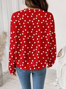 SHEIN LUNE Casual Minimalist Heart Print Round Neck Loose Fit Long Sleeve Sweatshirt Sweatshirt For Women, Red,Valentine's Day - Multicolor - View 2