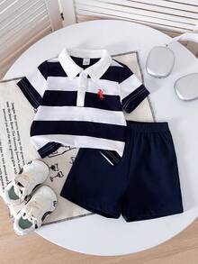 SHEIN Playful Pals 0-3岁男宝宝可爱休闲夏季韩版条纹针织polo衫短裤套装，适合生日派对、晚宴、婚礼、洗礼、日常穿着、叠穿，适合3个月至24个月的男宝宝。 - 寶藍色 - 查看 4