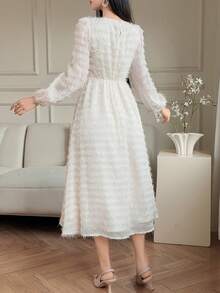 DAZY Women's Fringe Textured Fabric Waist Cinched Long Sleeve Elegant Dress - Beige - View 3