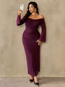 Auralis Plus Size Elegant Commuter Solid Color Off Shoulder Twist Flare Sleeve Fitted Dress Sexy Elegant Dress Wedding Dress For Women - Burgundy - View 4