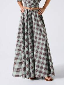 LYSMO 女士格子印花百褶休闲百搭半身裙 - 綠色 - 查看 4