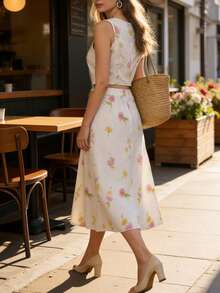 Balvessa Women Floral Print Sleeveless Cropped Shirt + Printed Mini Skirt 2-Piece Set - Beige - View 2