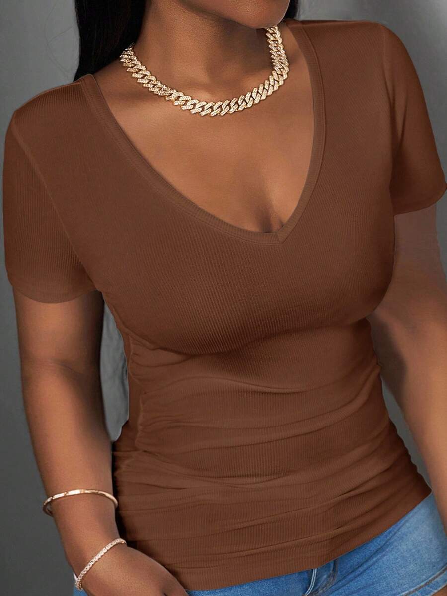 Slaydiva Kaos Wanita Kasual Dasar Tanpa Lengan Model Racerback dengan Leher V Dalam dan Tekstur Ribbed, Warna Putih - Coklat - View 1