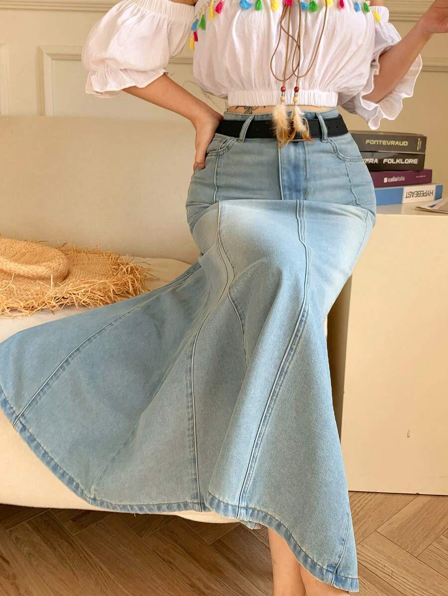 DAZY Washed Denim Fish Tail High Waist Slimming Long Skirt For Women, Summer - Light Wash - View 1