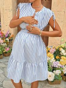 SHEIN Maternity Striped Nursing Function Casual Daily Cap Sleeve Dress - Blue and White - View 3
