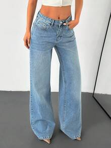 SHEIN 90年代蓝色高腰直筒牛仔裤 - 淺色水洗藍 - 查看 6