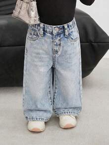 SHEIN Quần jean ống đứng dáng rộng màu xanh cổ điển cho bé gái - Rửa nhẹ - Xem 4