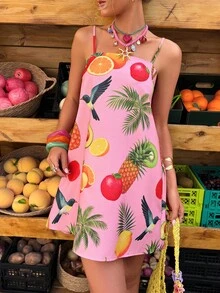 Selianne Fuchsia Tropical Fruit Print Camisole Mini Dress, Vacation Style, Spring/Summer - Multicolor - View 4