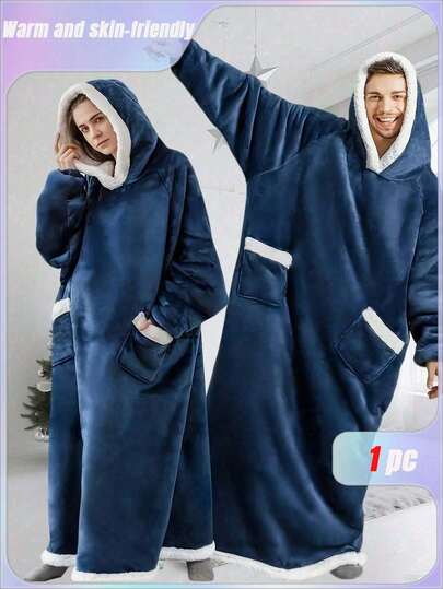 Bata con capucha azul/gris, manta con mangas para adultos, ropa de invierno para el hogar, bata de baño de unicolor con forro grueso y cálido, suave y gruesa, antidesprendimiento, ropa de dormir para hotel/pensión/familia, decoración del hogar y baño, ropa de playa, vuelta al cole, puede usarse como regalo para hombres y mujeres, regalo de cumpleaños, súper capucha grande