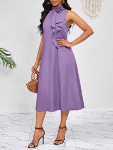 SHEIN Lady 领口饰以立体花朵荷叶边。橙色中长连衣裙。优雅女士宽松休闲风。春夏度假必备。波西米亚风。 - 淡紫色 - 查看 5