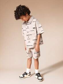 SUMWON Boys Button Up Shirt And Matching Shorts Set White All Over Print Text Pattern Summer Casual Two Piece Outfit - Khaki - View 6