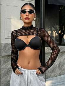Muchica Black Sheer Fishnet Mock Neck Cropped Tight Top - Black - View 1