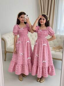 SHEIN ChillGRL Streecool 少女纯色泡泡袖蝴蝶结休闲连衣裙，适合春夏日常休闲穿着 - 粉色 - 查看 5