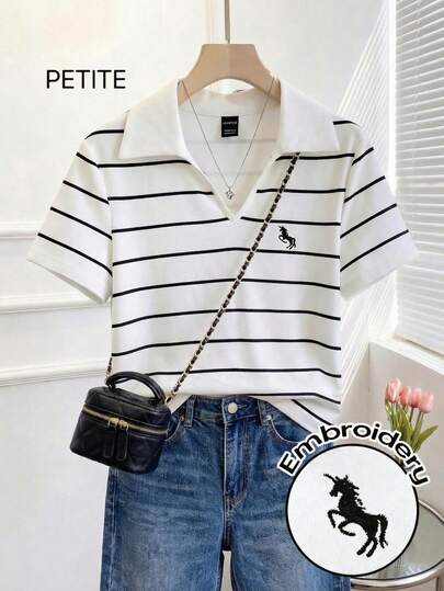 GlowEve Petite 女士时尚休闲通勤风刺绣条纹印花翻领短袖宽松T恤，适合日常穿着