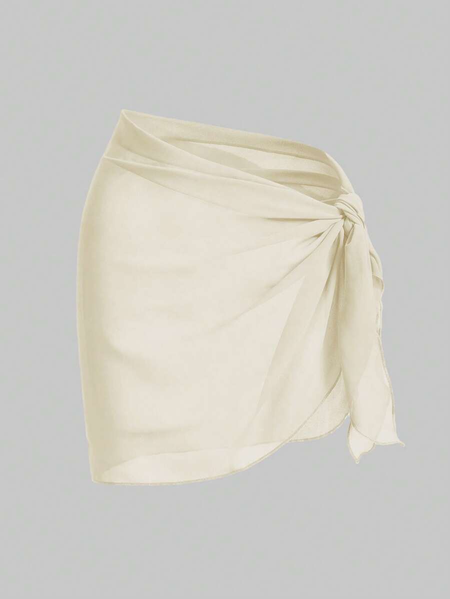 Swim Basics Bộ áo khoác ngoài và chân váy ngắn màu trơn thắt eo bên hông dành cho nữ, thích hợp cho kỳ nghỉ. - Vàng nhạt - Xem 1