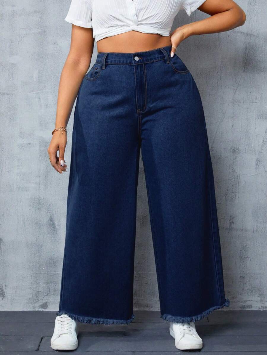 SHEIN SXY Plus Size Casual Washed High Waist Wide Leg Jeans - Dark Wash - View 1