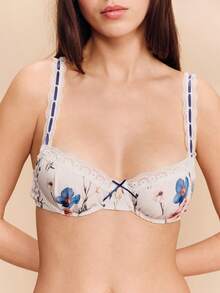 lacRébo French Vintage Style Floral Print Lingerie Set With Underwired Bra And Matching Thong Cute Romantic Lace Trim Detail French Style Parisian Style Summer Lingerie Floral Lingerie Lingerie Set Multicolor Floral Bra Lingerie Sets - Apricot - View 6