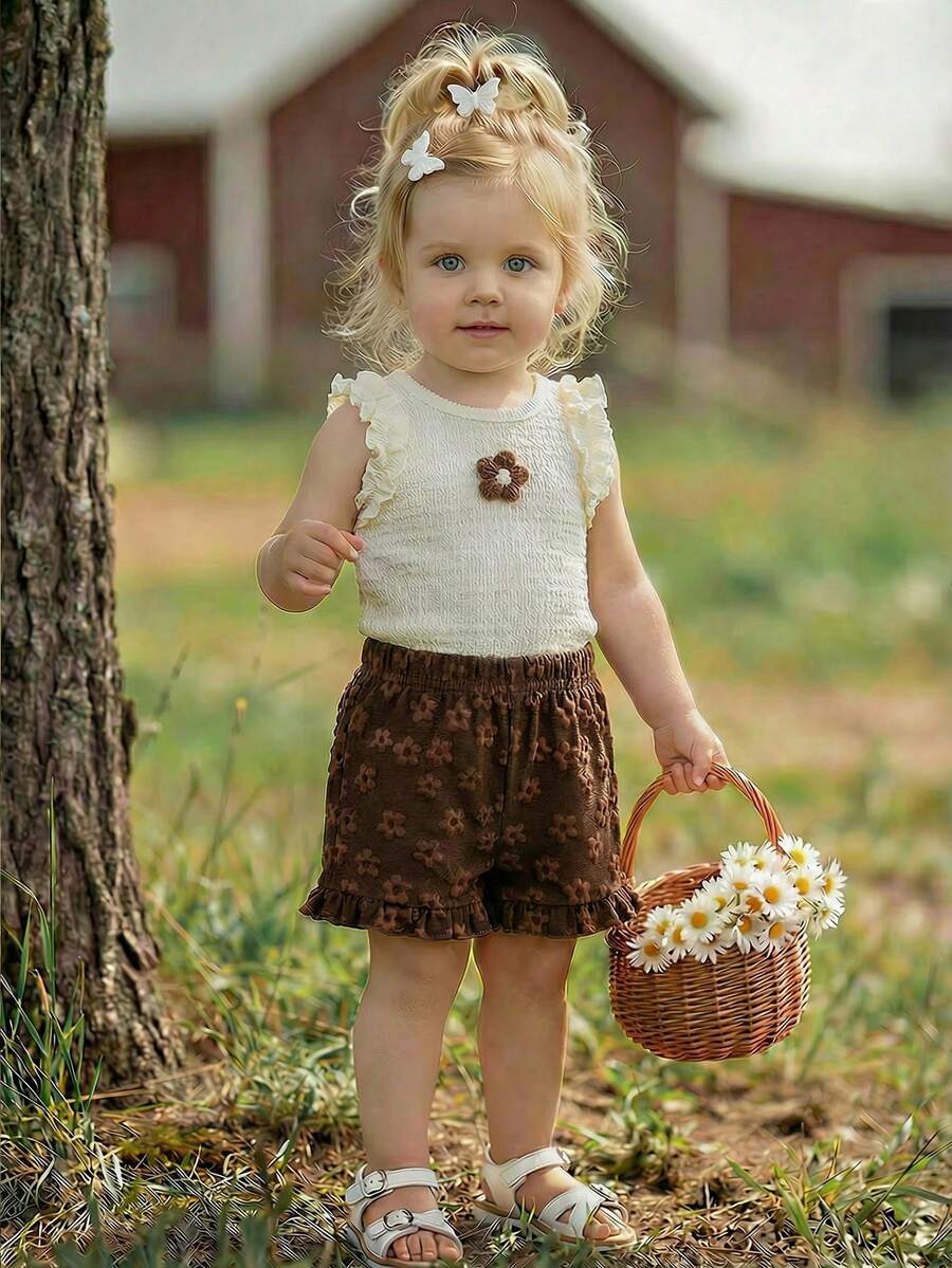 SHEIN Vintaside Kids 女婴可爱提花背心和提花短裤套装，春夏款 - 棕色 - 查看 1