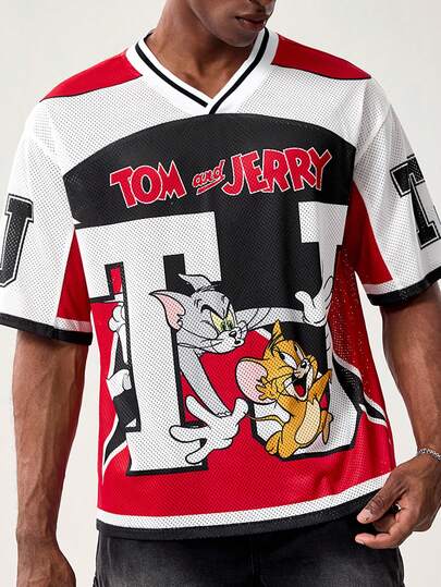 TOM & JERRY X SHEIN Men's Casual Daily Commute Fashion Street Funny Cute Cartoon Letter Print Contrast Color V-Neck Mesh Breathable T-Shirt, Summer
