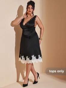 SHEIN BAE Spring And Summer Black Lace Satin Vest Elegant Date Travel Plus Size Vest Plus Size Tops - Black - View 5