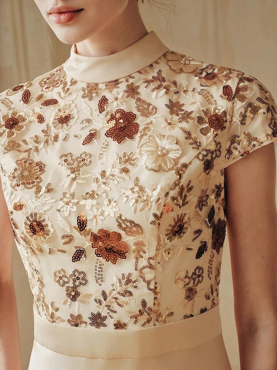 Anewsta 女士优雅中长款鱼尾裙连衣裙，刺绣拼接缎面连衣裙，适合节日、音乐会等场合 - 杏色 - 查看 1